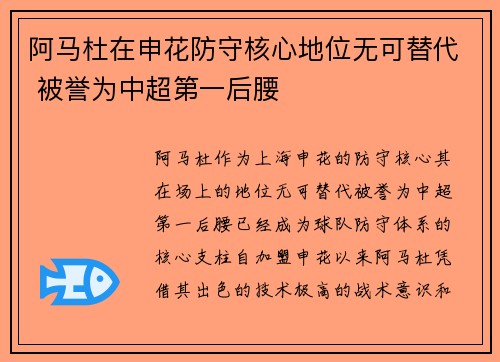 阿马杜在申花防守核心地位无可替代 被誉为中超第一后腰
